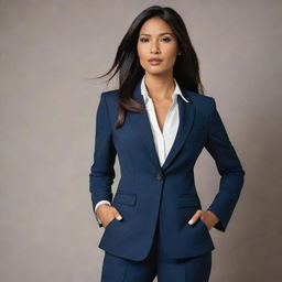 A modern reinterpretation of Pocahontas as a confident and powerful businesswoman, dressed in a stylish power suit