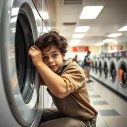 A boy with wavy dark hair attentively fixing the interior of a washing machine in a bustling laundromat