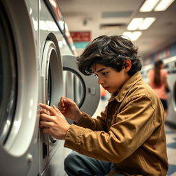 A boy with wavy dark hair attentively fixing the interior of a washing machine in a bustling laundromat