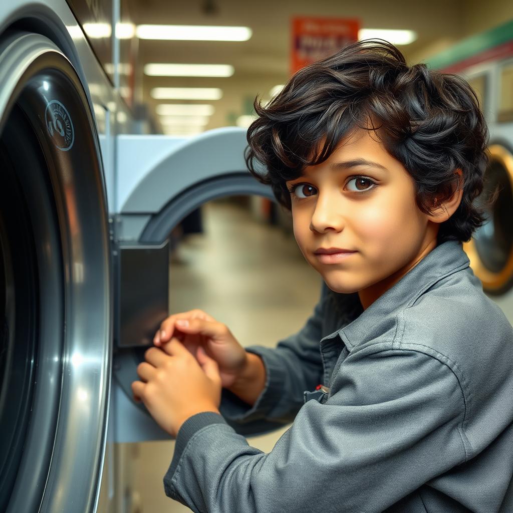 A boy with wavy dark hair attentively fixing the interior of a washing machine in a bustling laundromat