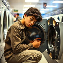 A boy with wavy dark hair attentively fixing the interior of a washing machine in a bustling laundromat