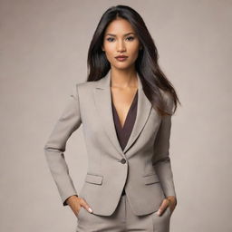 A modern reinterpretation of Pocahontas as a confident and powerful businesswoman, dressed in a stylish power suit