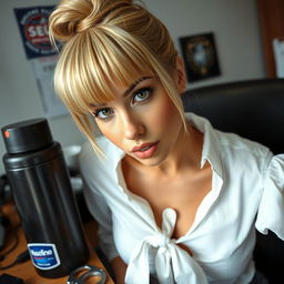 An extreme close-up of a gorgeous female with a blond bun and bangs