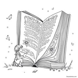 A surreal coloring page featuring a little girl absorbed in reading a giant book that towers over her silhouette