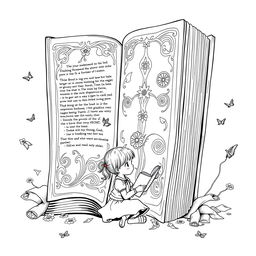 A surreal coloring page featuring a little girl absorbed in reading a giant book that towers over her silhouette