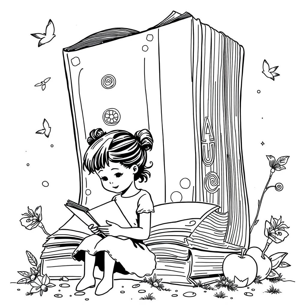 A surreal coloring page featuring a little girl absorbed in reading a giant book that towers over her silhouette