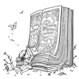 A surreal coloring page featuring a little girl absorbed in reading a giant book that towers over her silhouette