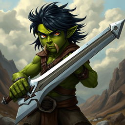 A 20-year-old green half-orc with medium-length black hair, striking orange eyes, and formidable orc tusks, wielding a greatsword