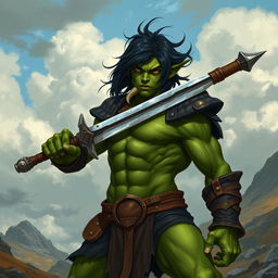 A 20-year-old green half-orc with medium-length black hair, striking orange eyes, and formidable orc tusks, wielding a greatsword