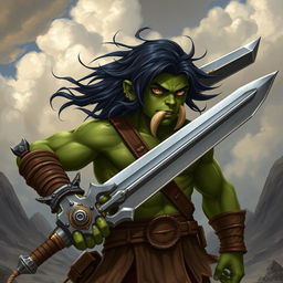 A 20-year-old green half-orc with medium-length black hair, striking orange eyes, and formidable orc tusks, wielding a greatsword