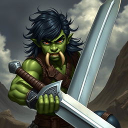 A 20-year-old green half-orc with medium-length black hair, striking orange eyes, and formidable orc tusks, wielding a greatsword