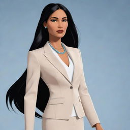 Animated rendition of a modern, confident, and powerful Pocahontas dressed in a high-fashion business suit.