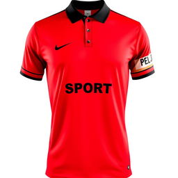 A vibrant red football jersey featuring three vertical black stripes on the front, giving it a dynamic and sporty look