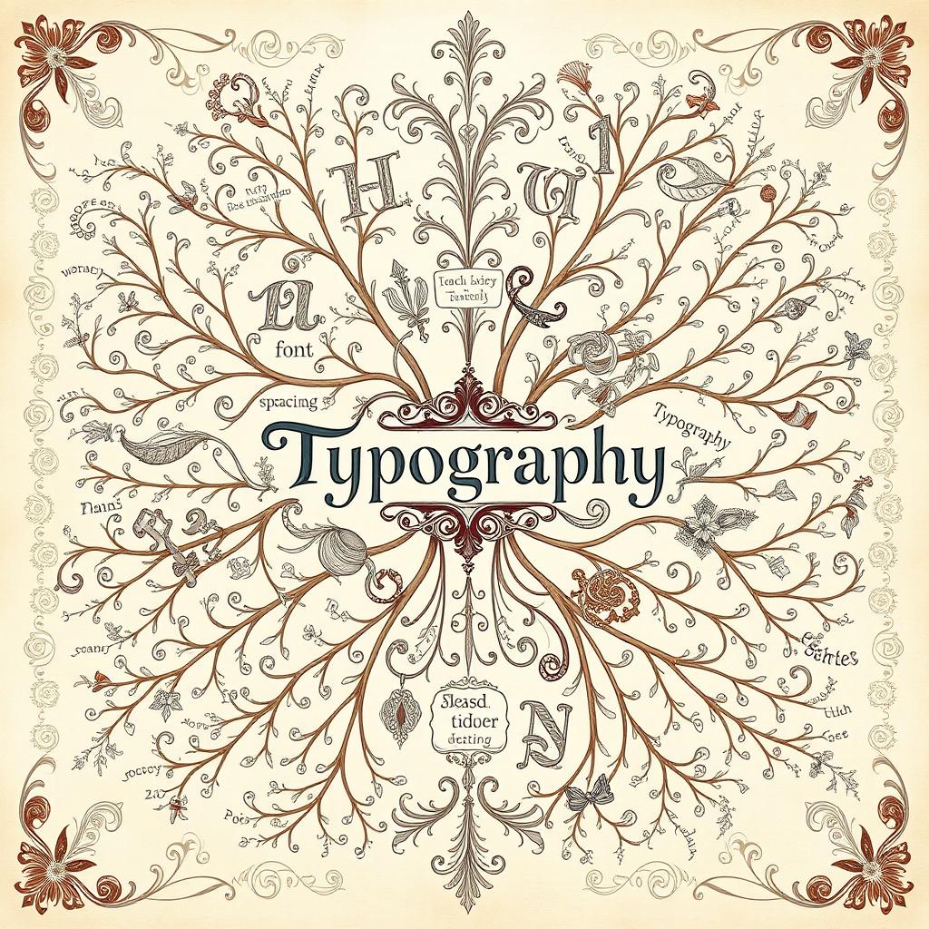 A visually intricate mind map focused on typography, enriched with complex hand-drawn ornaments and designs