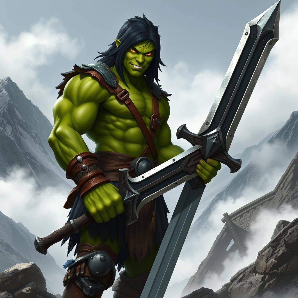 A 20-year-old green half-orc with medium-length black hair and intense orange eyes, holding a massive greatsword