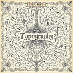 A visually intricate mind map focused on typography, enriched with complex hand-drawn ornaments and designs