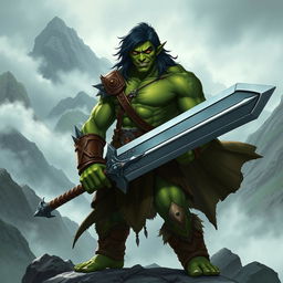 A 20-year-old green half-orc with medium-length black hair and intense orange eyes, holding a massive greatsword