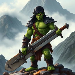 A 20-year-old green half-orc with medium-length black hair and intense orange eyes, holding a massive greatsword