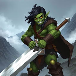 A 20-year-old green half-orc with medium-length black hair and intense orange eyes, holding a massive greatsword