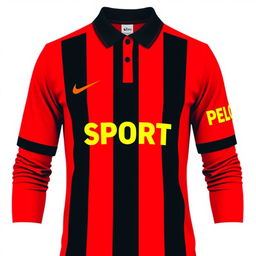 A vibrant red football jersey featuring three vertical black stripes on the front, accentuating a dynamic and sporty visual