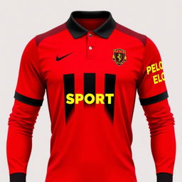 A vibrant red football jersey featuring three vertical black stripes on the front, accentuating a dynamic and sporty visual