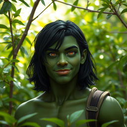 A 20-year-old green half-orc with medium-length black hair and vibrant orange eyes