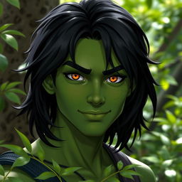 A 20-year-old green half-orc with medium-length black hair and vibrant orange eyes