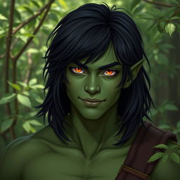 A 20-year-old green half-orc with medium-length black hair and vibrant orange eyes