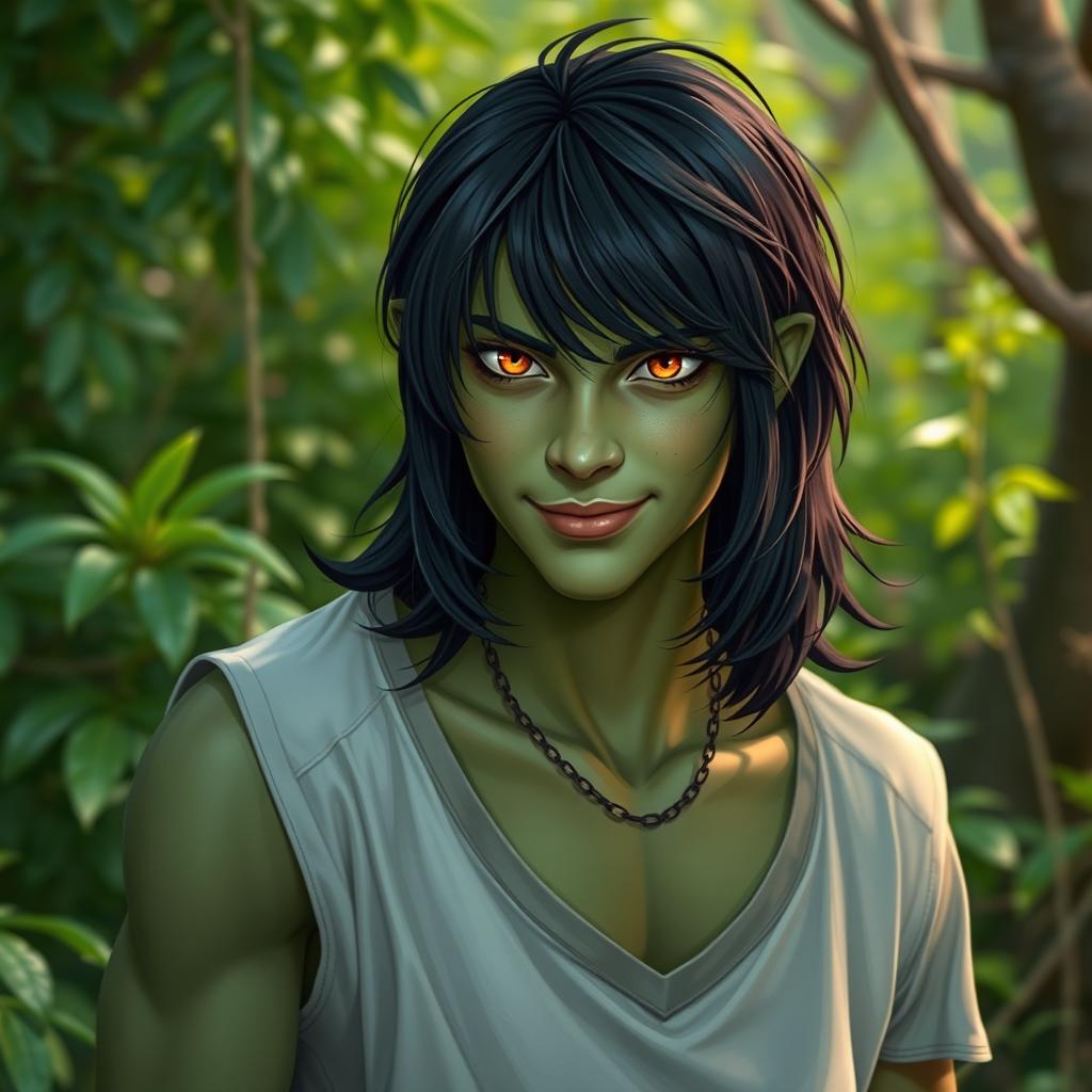 A 20-year-old green half-orc with medium-length black hair and vibrant orange eyes