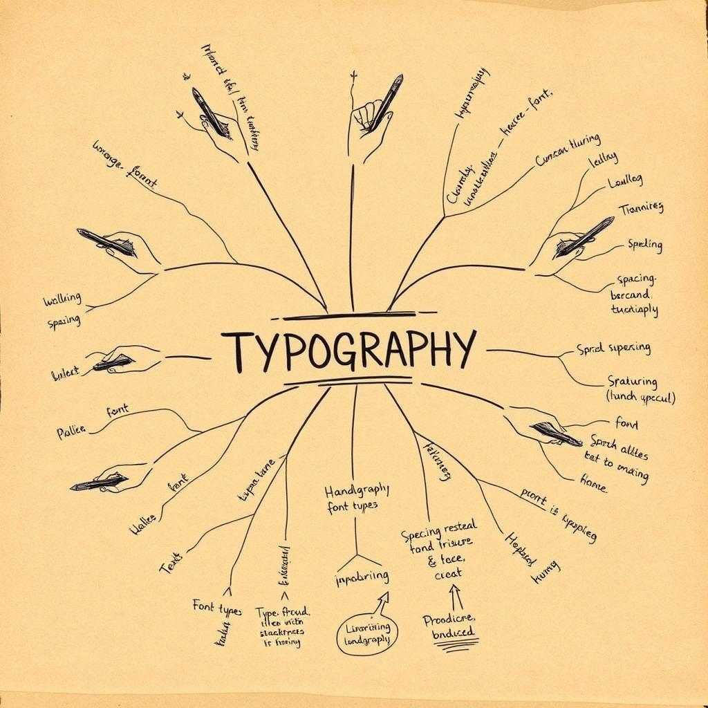 A unique mind map focused on typography, blending the theme of hands and handwriting