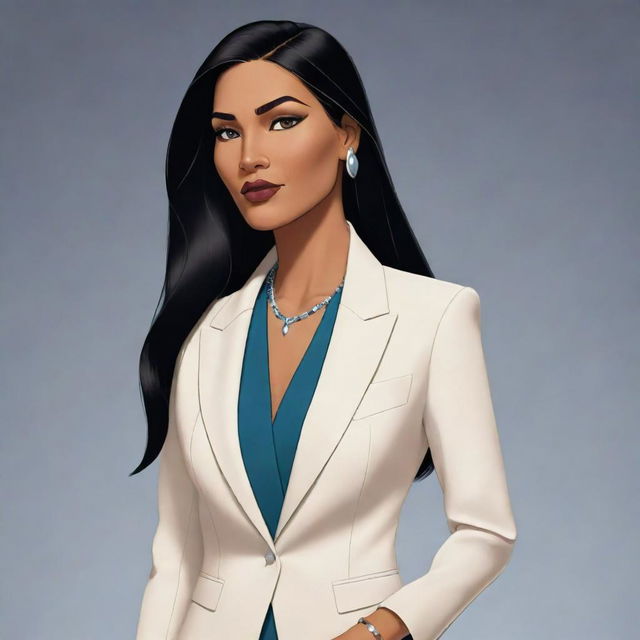 Animated rendition of a modern, confident, and powerful Pocahontas dressed in a high-fashion business suit.