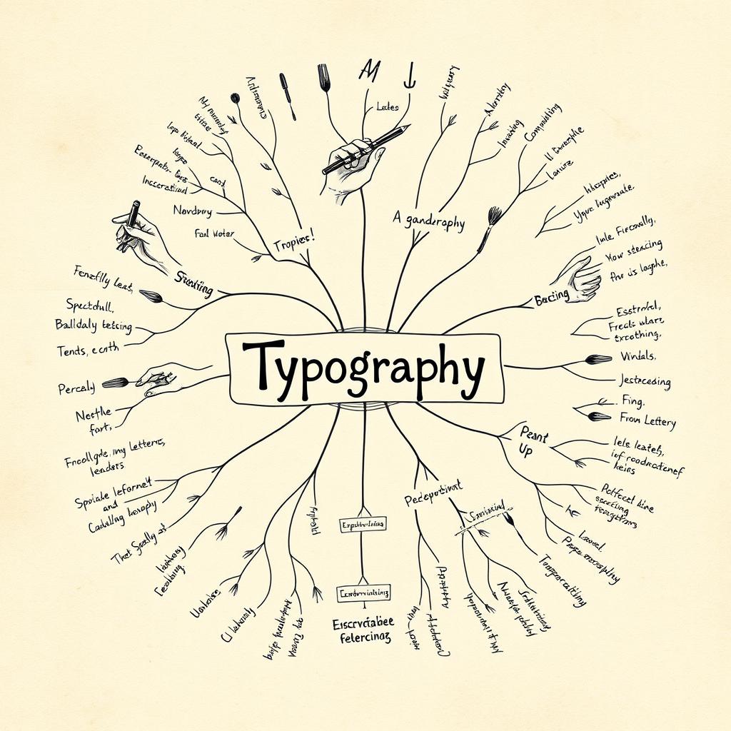 A unique mind map focused on typography, blending the theme of hands and handwriting