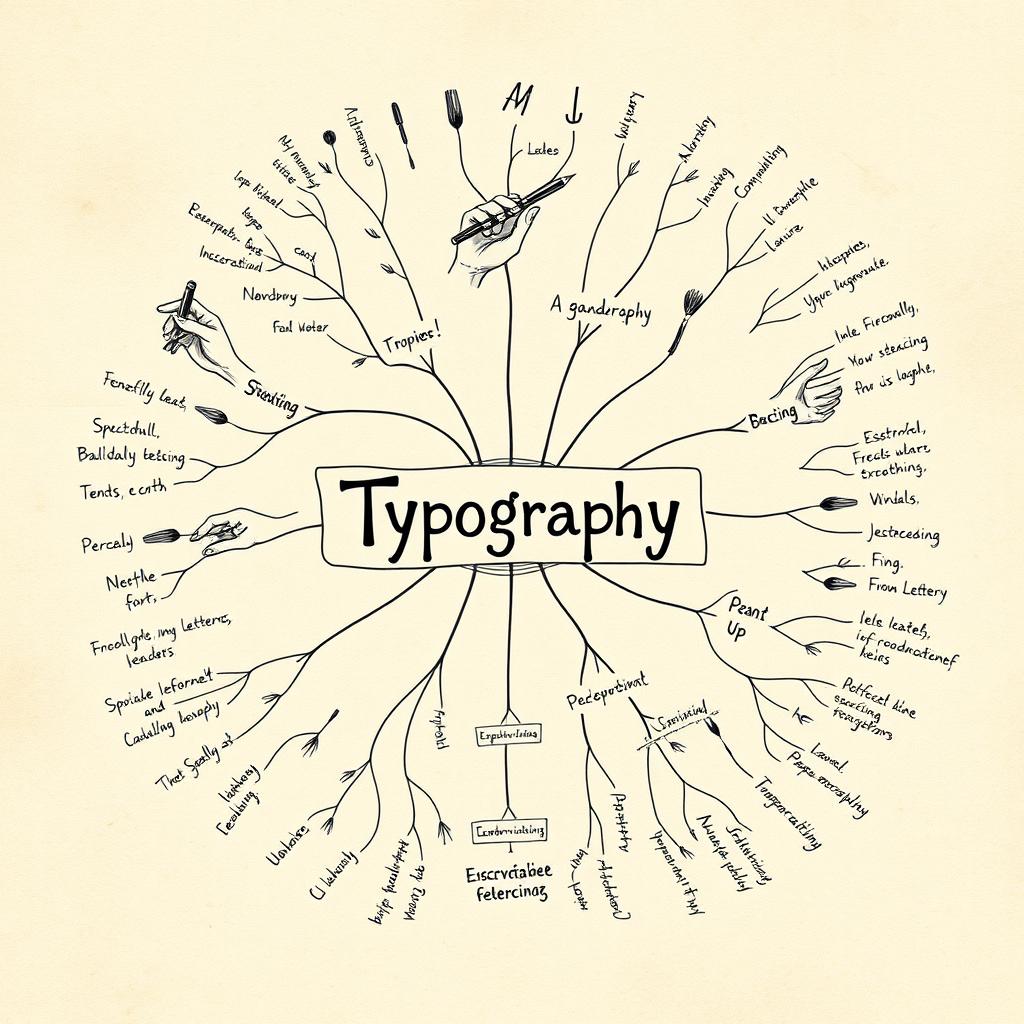 A unique mind map focused on typography, blending the theme of hands and handwriting