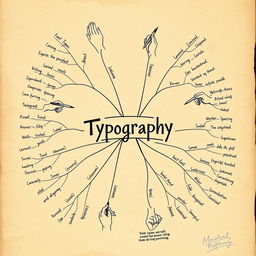 A unique mind map focused on typography, blending the theme of hands and handwriting