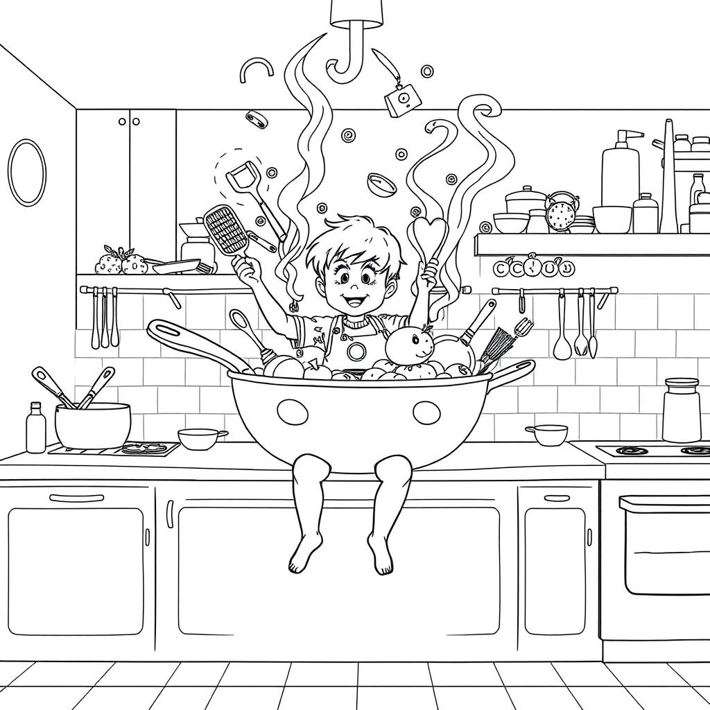 A surreal coloring page featuring a child sitting on a kitchen counter, joyfully cooking with a pan as large as a swimming pool, dominating the kitchen space