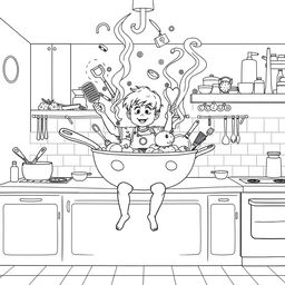 A surreal coloring page featuring a child sitting on a kitchen counter, joyfully cooking with a pan as large as a swimming pool, dominating the kitchen space