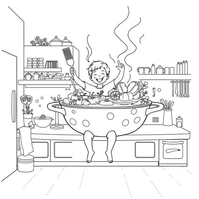 A surreal coloring page featuring a child sitting on a kitchen counter, joyfully cooking with a pan as large as a swimming pool, dominating the kitchen space