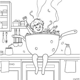 A surreal coloring page featuring a child sitting on a kitchen counter, joyfully cooking with a pan as large as a swimming pool, dominating the kitchen space