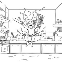 A surreal coloring page featuring a child sitting on a kitchen counter, joyfully cooking with a pan as large as a swimming pool, dominating the kitchen space