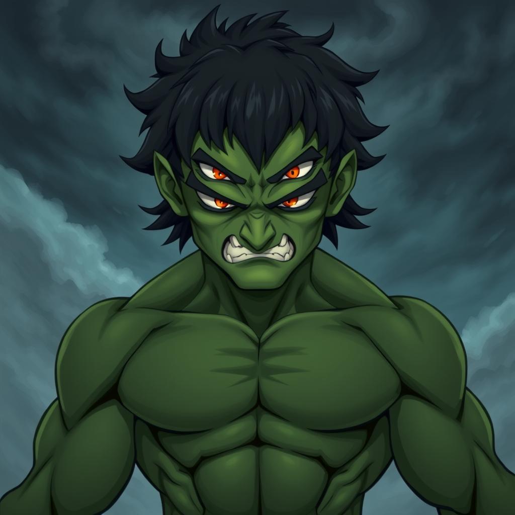 A 20-year-old green half-orc with medium-length black hair and fiery orange eyes, displaying an angry expression