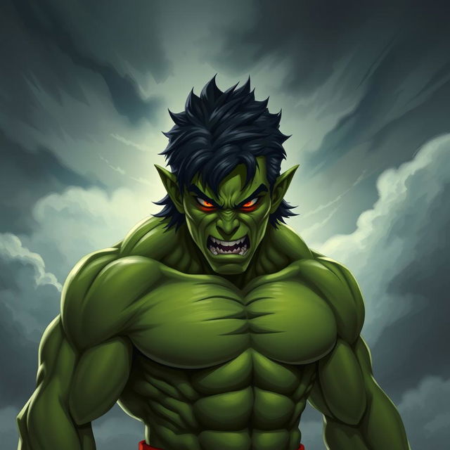 A 20-year-old green half-orc with medium-length black hair and fiery orange eyes, displaying an angry expression