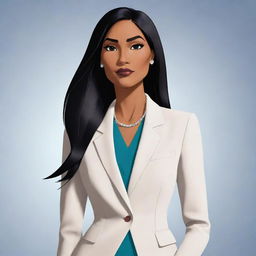 Animated rendition of a modern, confident, and powerful Pocahontas dressed in a high-fashion business suit.