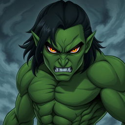 A 20-year-old green half-orc with medium-length black hair and fiery orange eyes, displaying an angry expression