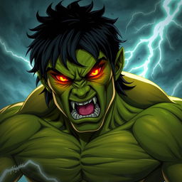 A 20-year-old green half-orc with medium-length black hair and fiery orange eyes, engulfed in a state of rage