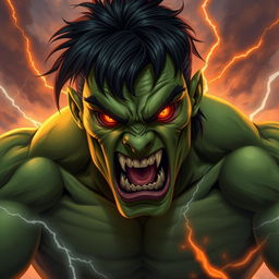 A 20-year-old green half-orc with medium-length black hair and fiery orange eyes, engulfed in a state of rage