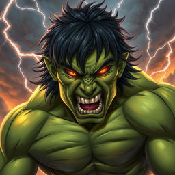 A 20-year-old green half-orc with medium-length black hair and fiery orange eyes, engulfed in a state of rage