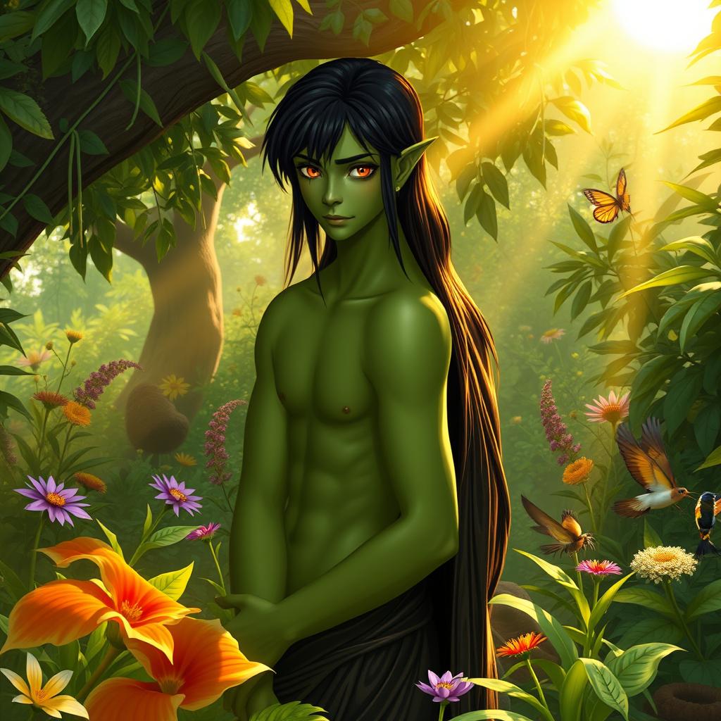 A 20-year-old green half-orc with medium-length black hair and vibrant orange eyes, depicted in an Adam and Eve-inspired setting