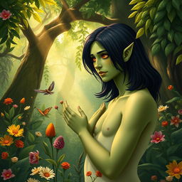 A 20-year-old green half-orc with medium-length black hair and vibrant orange eyes, depicted in an Adam and Eve-inspired setting