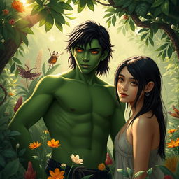 A 20-year-old green half-orc with medium-length black hair and vibrant orange eyes, depicted in an Adam and Eve-inspired setting