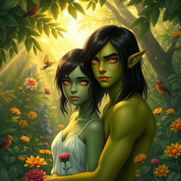 A 20-year-old green half-orc with medium-length black hair and vibrant orange eyes, depicted in an Adam and Eve-inspired setting